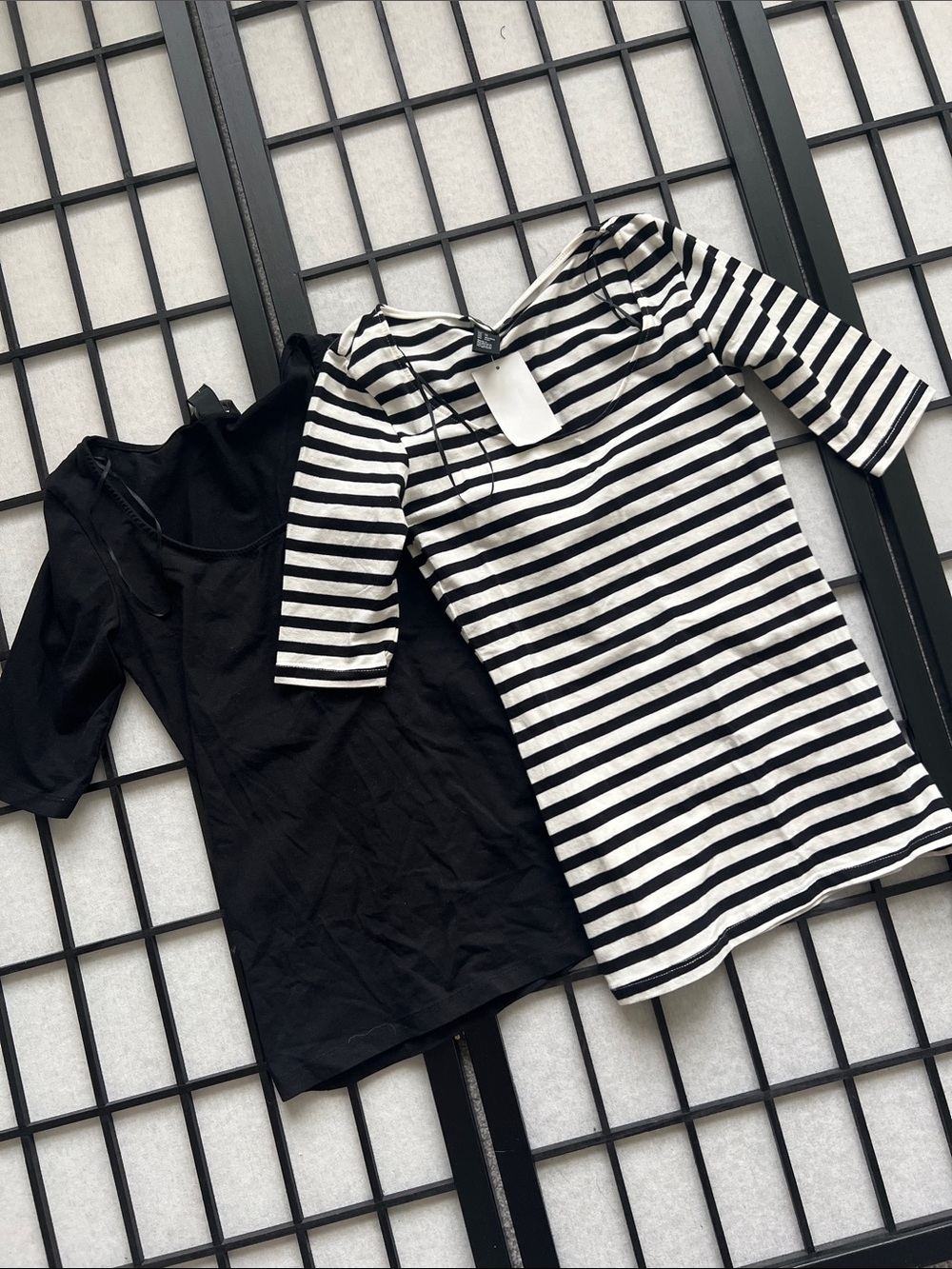 Black and White Striped 3/4 Sleeve Top + Solid Black 3/4 Sleeve Top Duo
